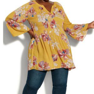 Avenue Gold Mustard Floral Pleat Flare Sleeve Boho Peasant Tunic Top Plus 22-24
